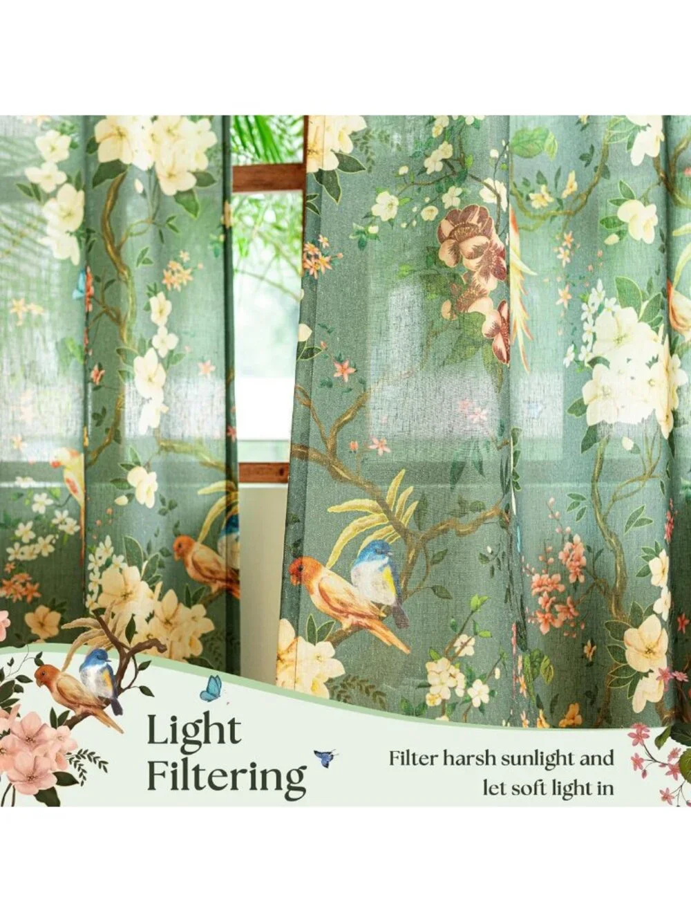 Dark Green Floral Linen Curtains 96